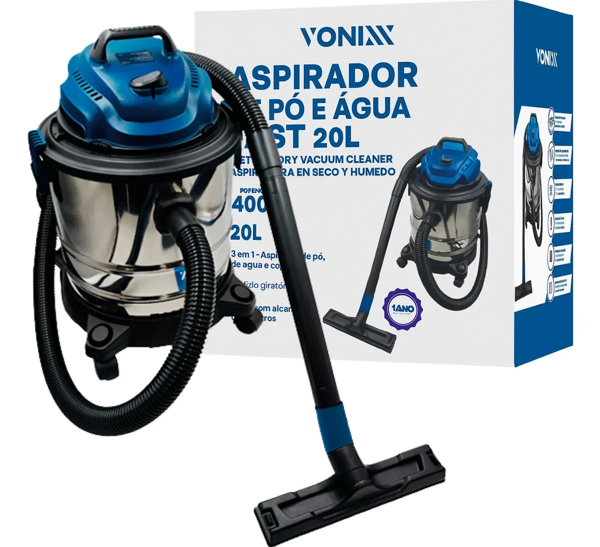 Aspirador Pó Água Fast Soprador 1400w 20l Automotivo Vonixx Preto 127v