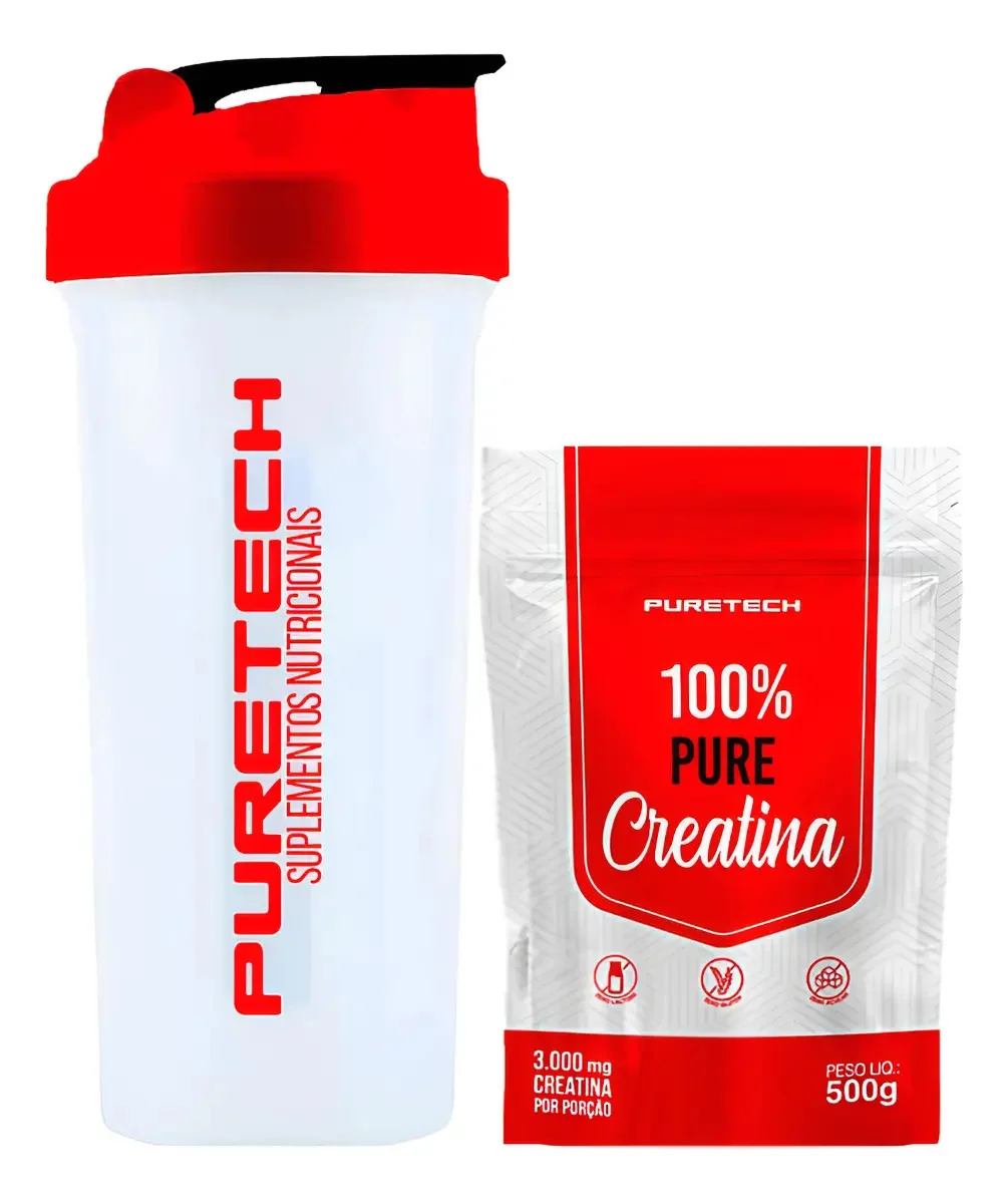 Kit Creatina 100% Pure 500g + Coqueteleira 700ml - Puretech Sabor Sem Sabor